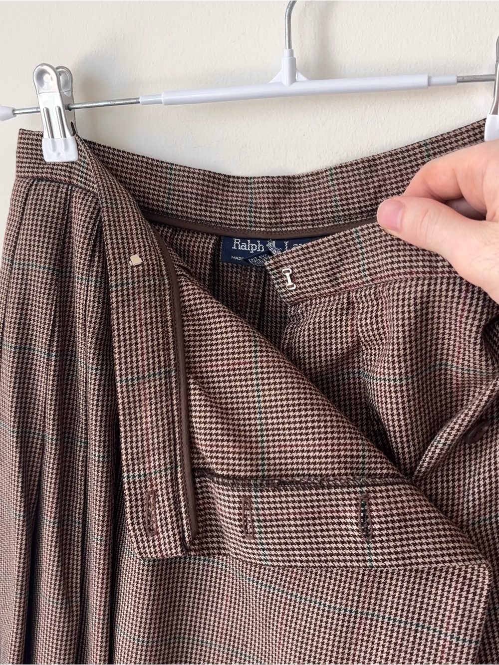 Vintage Ralph Lauren Blue Label 100% Wool Houndstooth Skirt Sz 8 Pleated MiUSA - Picture 8 of 16